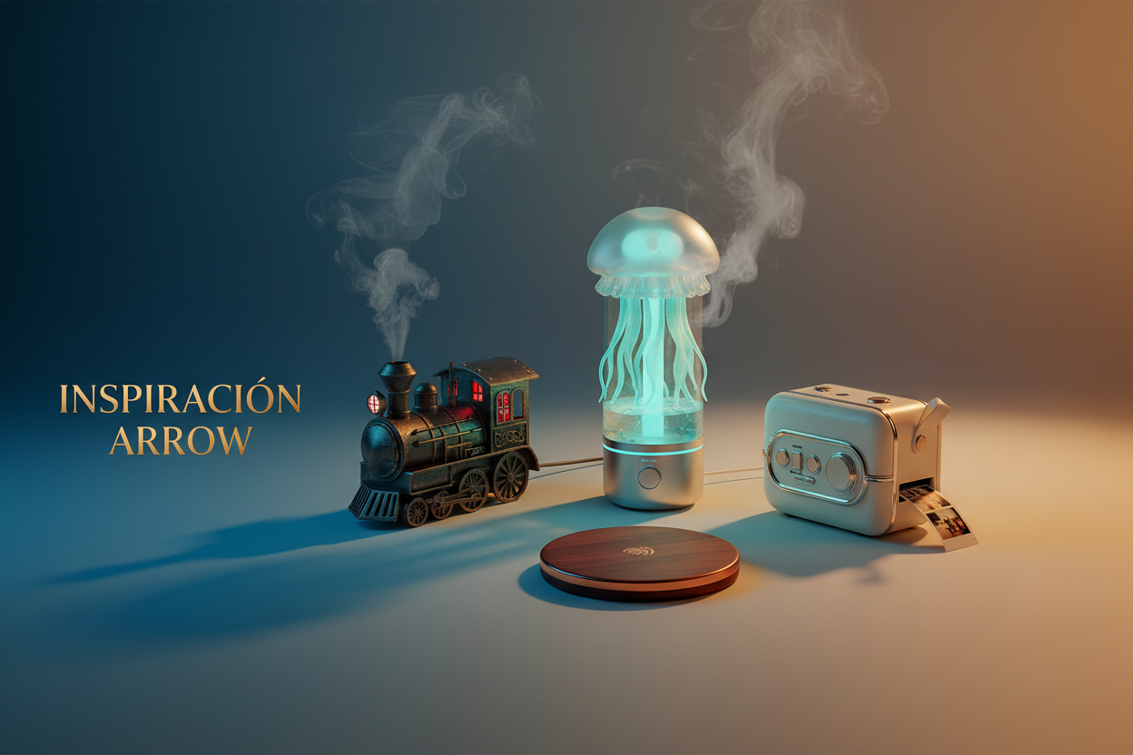 has algo mejor con un humidificador en forma de medusa y uno de tren gotico, una mini impresora retro, un cargador inalambrico, pon un buen fondo y tambien a un lado pon la frase "Inspiracion Arrow"